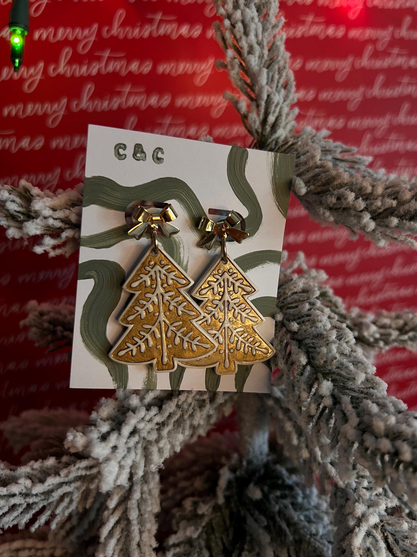 Elegant White & Gold Christmas Tree Earrings | Handmade Polymer Clay Jewelry