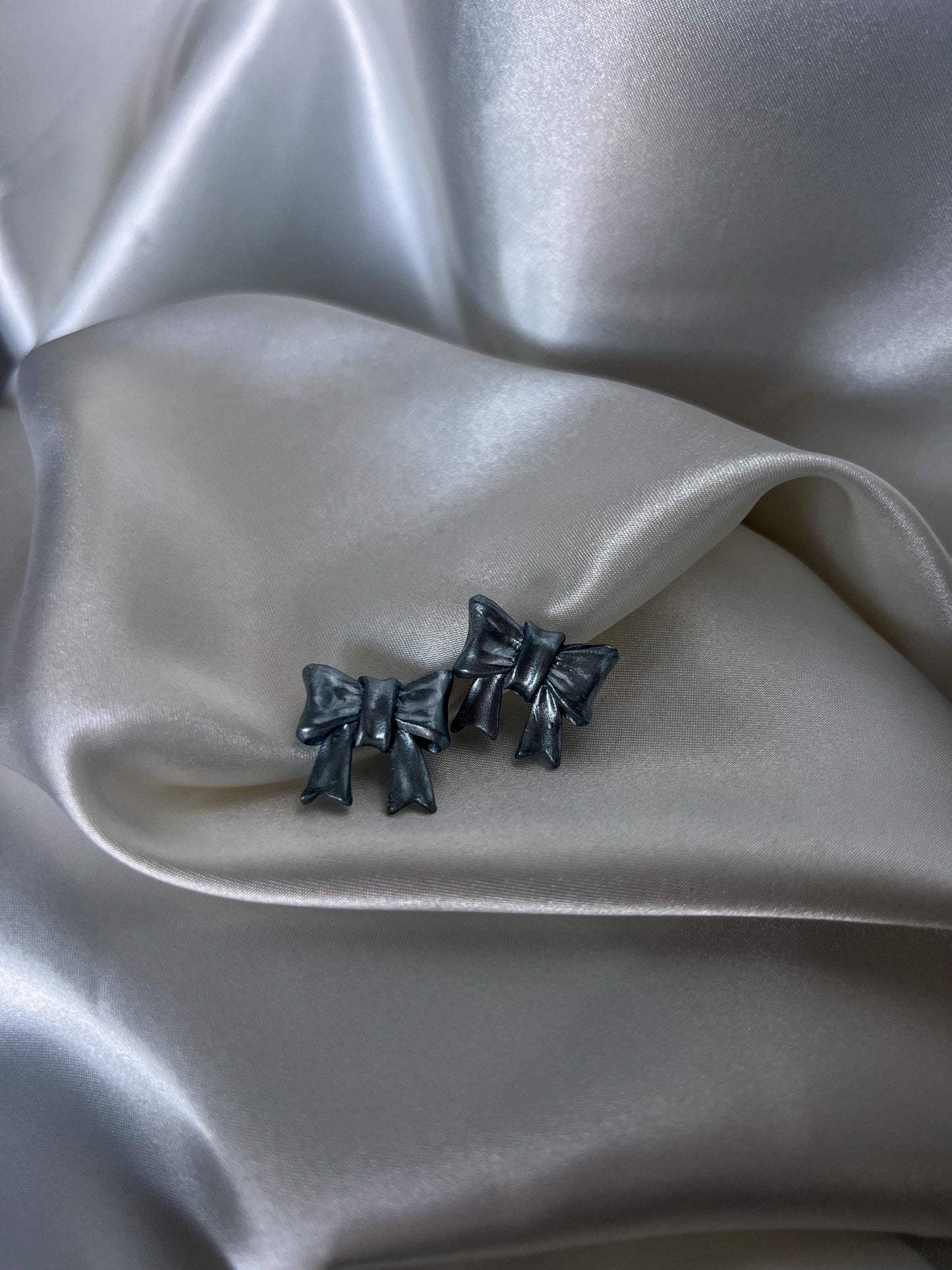 Handmade Bow-Shaped Silver Polymer Clay Stud Earrings